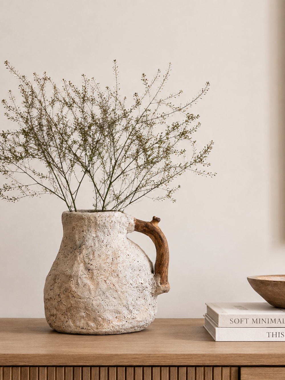 Handmade Organic Textured Vase with Natural Driftwood Handle